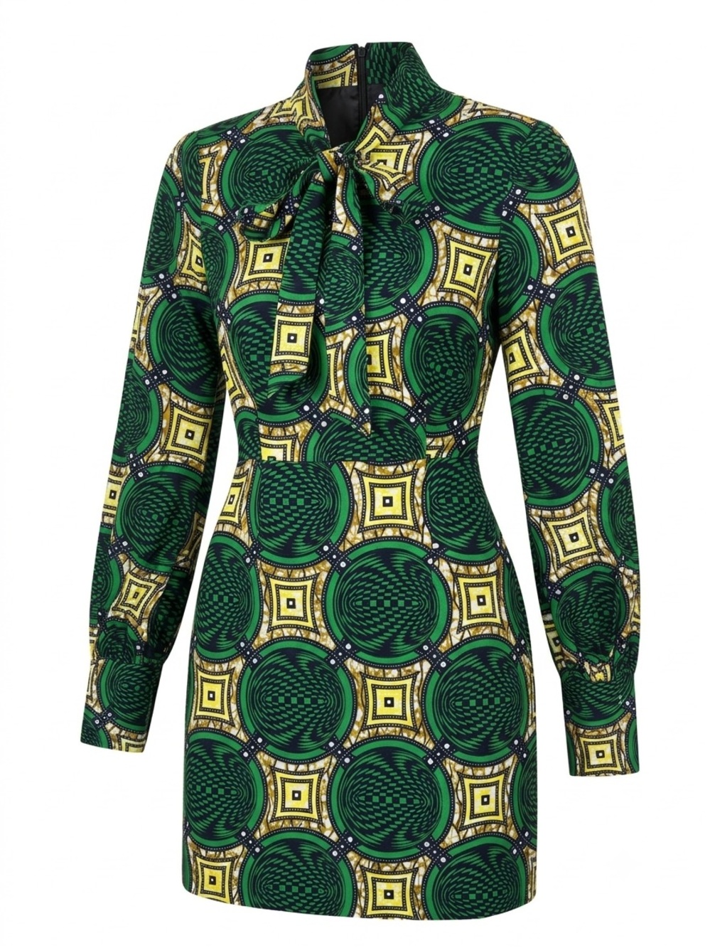 ÖFUURË Vibrant Green Geometric African Print Bow Neck Mini Dress - Size S